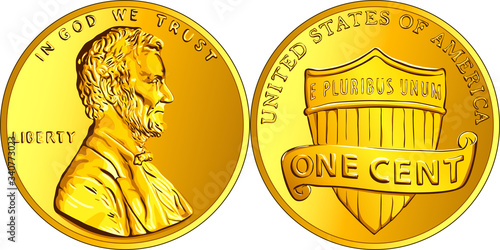 American money Lincoln Union Shield, United States one cent or penny, coin with President Abraham Lincoln on obverse and Union shield on reverse