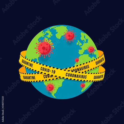 Prevent outbreak of COVID-19 or Coronavirus disease concept decorative with earth wrapt by caution tape photo
