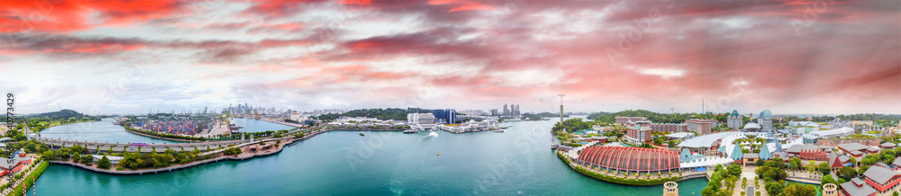 Sentosa Island resorts, aerial view from drone at sunset