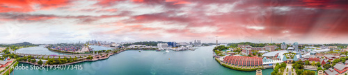 Sentosa Island, Singapore. Panoramic aerial view of cityscape and coastline at sunset