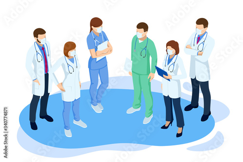 Isometric concept of Thank you doctors and nurses working in the hospitals and fighting the coronavirus. Stop COVID-19