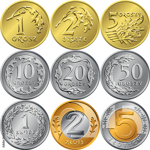 vector set of reverse Polish Money zloty and grosz gold and silver coins with Value and eagle in a crown