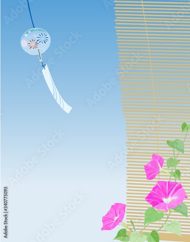 Japanese summer.  Wind bell, bamboo blind and morning glory.