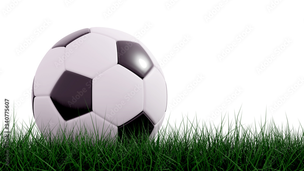 Classic soccer ball on the green field with a white background. 3d rendering. Classic soccer ball on the green field with a white background. 3d rendering.