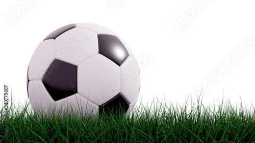 Classic soccer ball on the green field with a white background. 3d rendering.