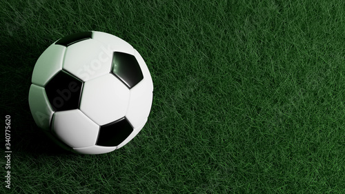 Top view on classic soccer ball on the green field background.3d rendering.