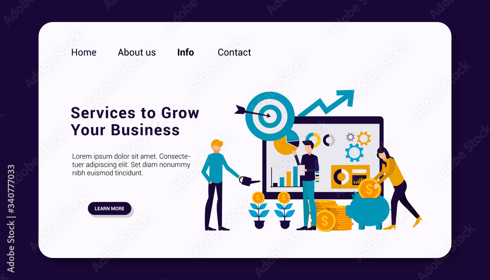 services to grow your business landing page template with business human group concept, flat design. vector illustration