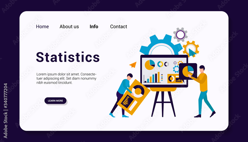 statistics landing page template with business human group concept, flat design. vector illustration