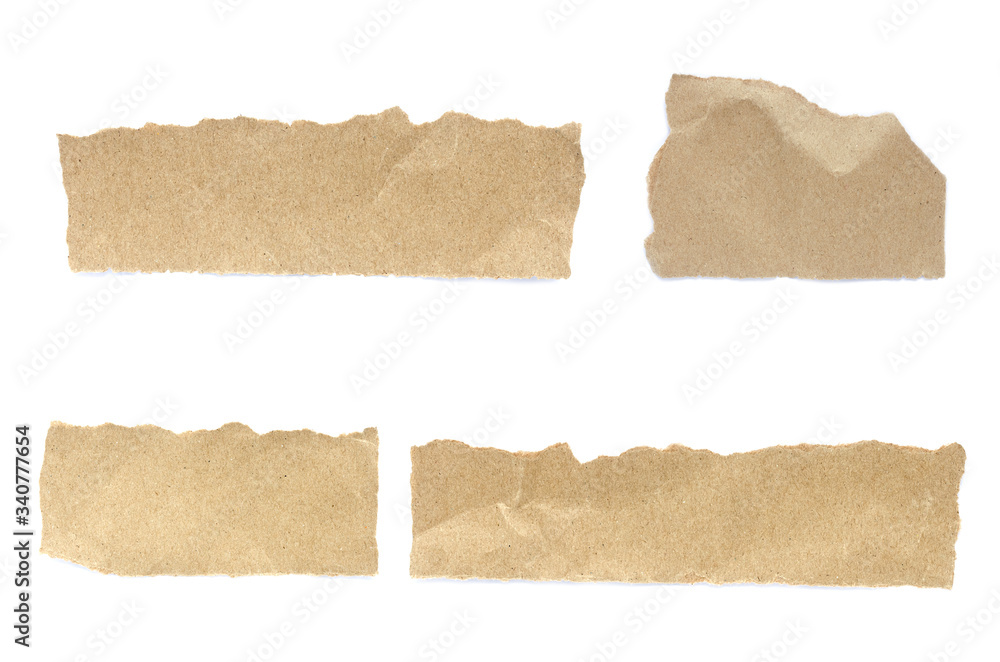 Recycled paper craft stick on a white background. Set of paper torn on white, Brown paper torn or ripped pieces of paper isolated on white background.