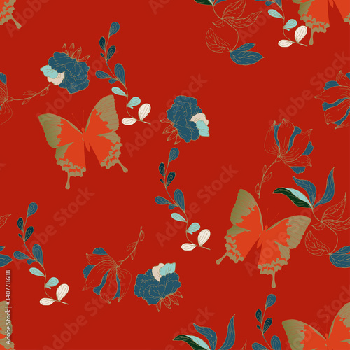Seamless vector floral pattern of butterflies and inflorescences of flowers in elegant curls on a turquoise, light blue background.