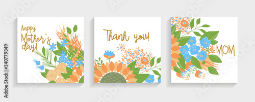 Thank you card floral design. For Mother's Day, Women's Day, Thanksgiving Day, birthday, anniversary, wedding, greeting or invitation. Social media banner.