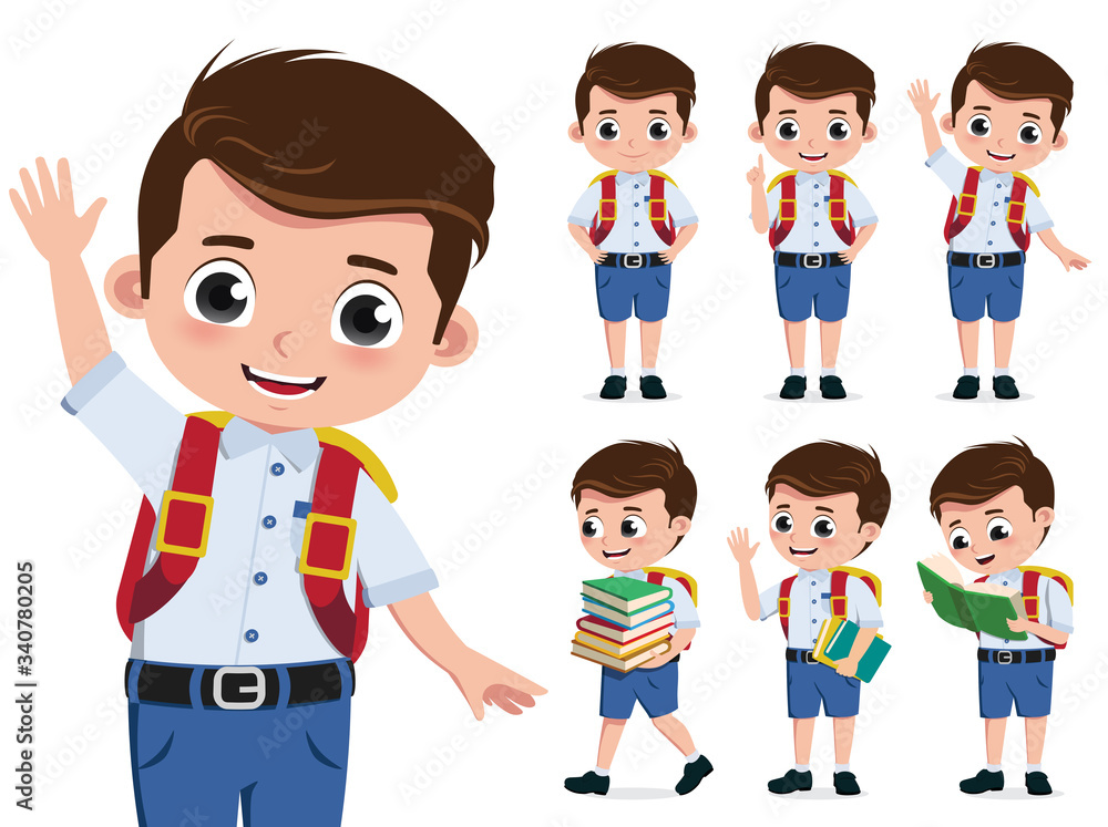 School kid vector character set. Back to school boy student characters wearing uniform while happy waving and reading book isolated in white background. Vector illustration.
School kid vector character set. Back to school boy student characters wearing uniform while happy waving and reading book isolated in white background. Vector illustration.
