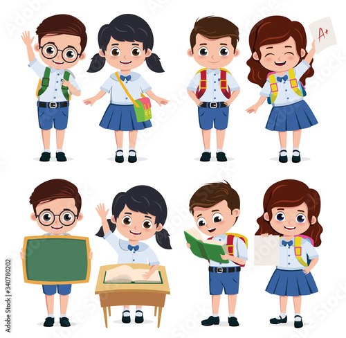 School classmate students character vector set. Back to school classmates kids elementary characters wearing uniform doing educational actives isolated in white background. Vector illustration. 
