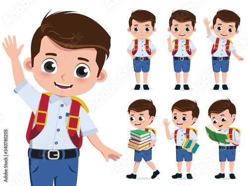 School kid vector character set. Back to school boy student characters wearing uniform while happy waving and reading book isolated in white background. Vector illustration.    

