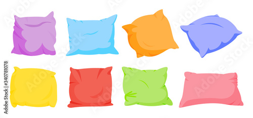 Rainbow pillow flat cartoon set. Home interior soft textile. Seven color square pillows mockup template. Feather, bamboo eco fabric. Colorful cushion design. Isolated on white vector illustration