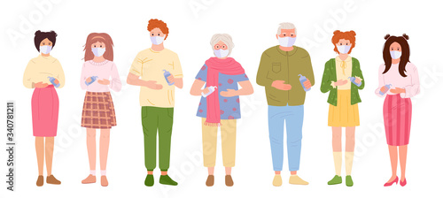 Set masked people protected virus. Use an antiseptic, wear medical masks, keep your distance. Save health young and old people. Protection from coronavirus. Stop covid 19. Vector illustration