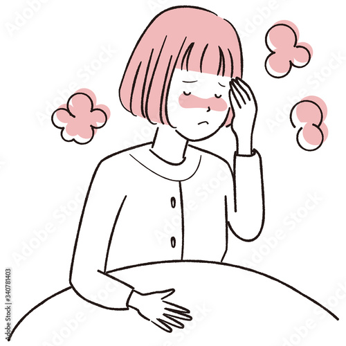 手描き1color  女性 おかっぱ　病床　発熱