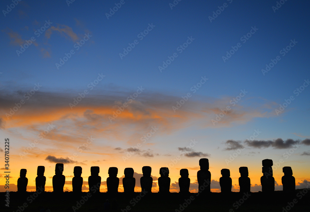 Ahu Tongariki at sunrise with Moai statues silhouette, Easter Island (Rapa Nui), Chile. 