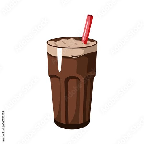 Chocolate milk, cocoa in a glass with a cocktail straw. Vector illustration of beverage in cartoon flat style isolated on white background.