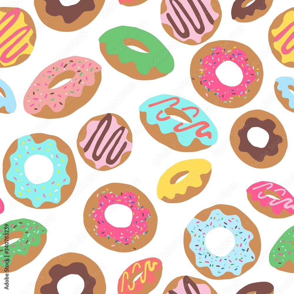 Seamless repeat pattern with colourful colorful donuts doughnuts with sprinkles and icing tossed on a white background