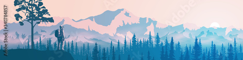 A tourist with a backpack on a rock meets dawn. Morning haze, the light of sunrise. Vector illustration of mountains, ridge in the morning haze, panoramic view. 