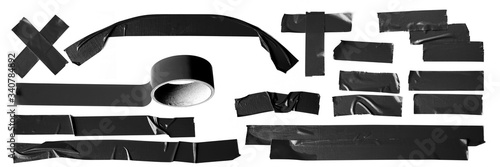 Set of black tapes on white background. Torn horizontal and different size black sticky tape, adhesive pieces. photo