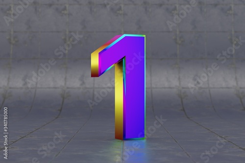 Multicolor 3d number 1. Glossy iridescent number on tile background. Metallic alphabet with studio light reflections. 3d rendered font character.