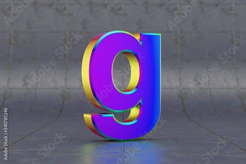 Multicolor 3d letter G lowercase. Glossy iridescent letter on tile background. Metallic alphabet with studio light reflections. 3d rendered font character.