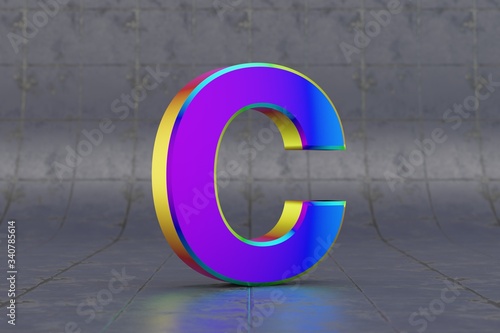 Multicolor 3d letter C uppercase. Glossy iridescent letter on tile background. Metallic alphabet with studio light reflections. 3d rendered font character.