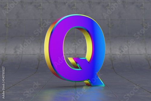 Multicolor 3d letter Q uppercase. Glossy iridescent letter on tile background. Metallic alphabet with studio light reflections. 3d rendered font character.