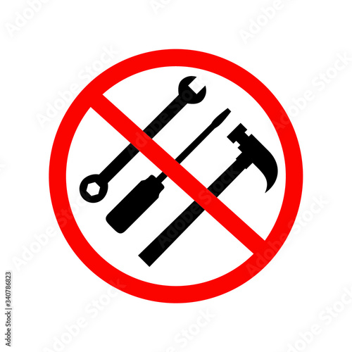 Black no tool needed, no need to install by tools icon with red stop sign, simple graphic flat design clipart vector app ads web banner button ui ux logo interface element isolated on white background