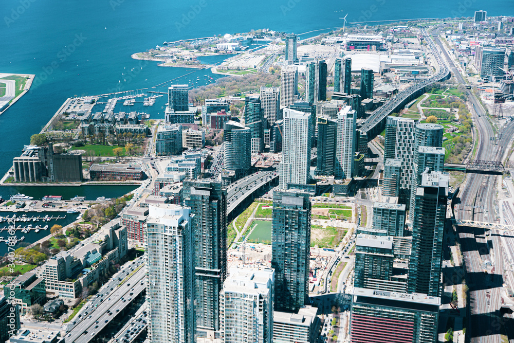 Toronto downtown and harbor aerial view from CN Tower.
