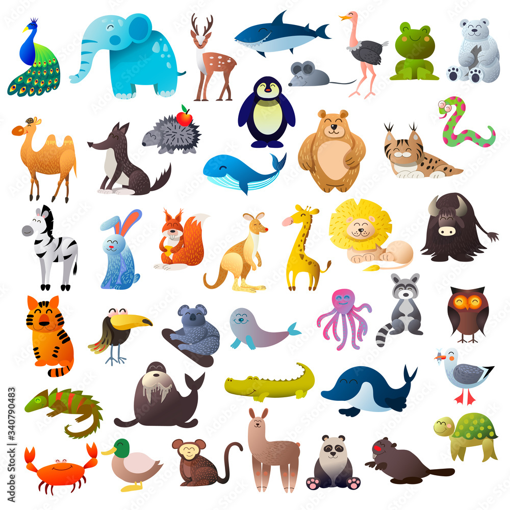 Fototapeta premium Cute kawaii animals vector set. Big collection of jungle, forest, marine animals isolated on white background