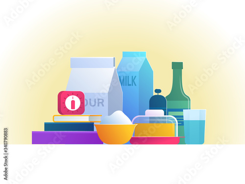 Cooking classes banner with copy space. Food ingredients set for baking. Flour, milk, butter, water, cookbooks and timer elements in cartoon style. Home cooking and baking hobby vector illustration.
