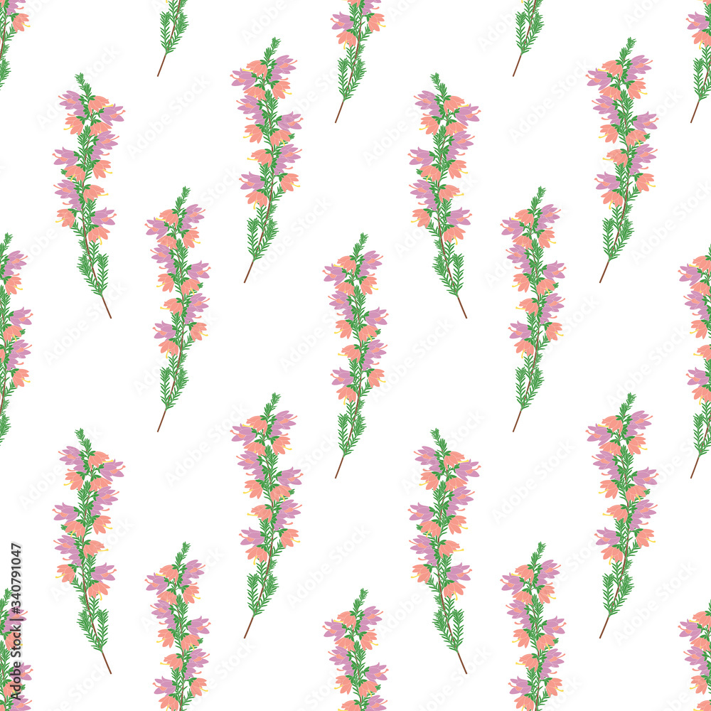 Doodle purple and pink heather flowers or Calluna seamless pattern background. Hand drawn romantic floral pattern background. Great for wallpaper, textile, fabric, card, packaging, wedding design. Doodle purple and pink heather flowers or Calluna seamless pattern background. Hand drawn romantic floral pattern background. Great for wallpaper, textile, fabric, card, packaging, wedding design.