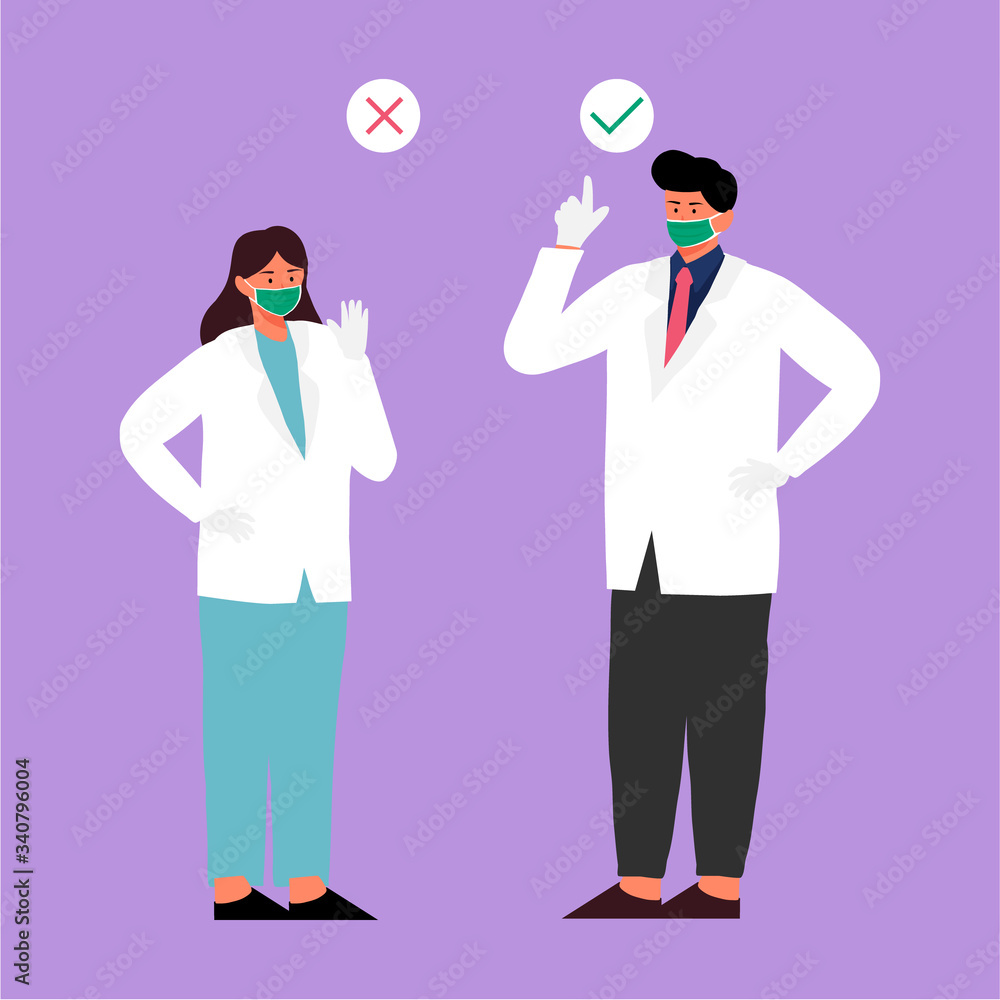 Male and Female doctor showing right and wrong or dos and don’ts gestures with sign and medical masks illustration. Woman doctor showing stop gesture with hand. Man doctor Pointing finger hand gesture