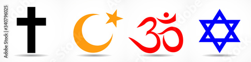 Set of World religion symbols - Christianity, Islam, Hinduism and Judaism. Vector illustrator