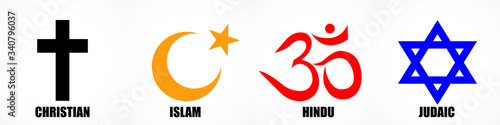 Set of World religion symbols - Christianity, Islam, Hinduism and Judaism. Vector illustrator