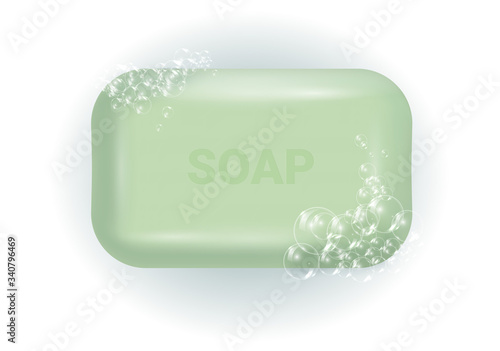 Soap bar with foam and bubbles isolated vector illustration on white background. Soap foam for lather. Vector illustration.
