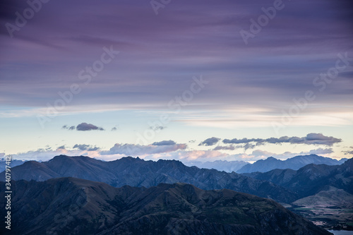 Mountain landscape at sunrise. Mountains at sunrise. Early morning dawn mountain landscape. © Joshua