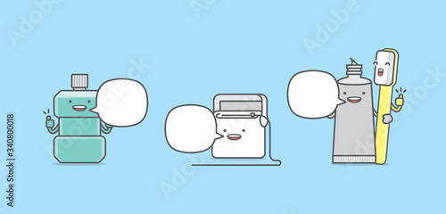Dental cartoon of a cleaner gang toothpaste, toothbrush, floss, mouthwash thumbs up with speech bubble illustration cartoon character vector design on blue background.  Dental care concept.