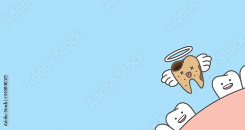 Banner Dead decay tooth missing go to heaven illustration cartoon character vector design on blue background. Dental care concept.
