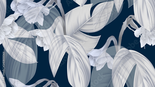 Floral seamless pattern, daffodil flowers with leaves in blue tones