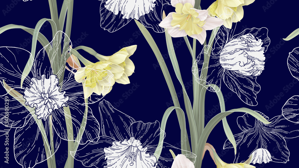 Floral seamless pattern, daffodil flowers with leaves on dark blue - obrazy, fototapety, plakaty 