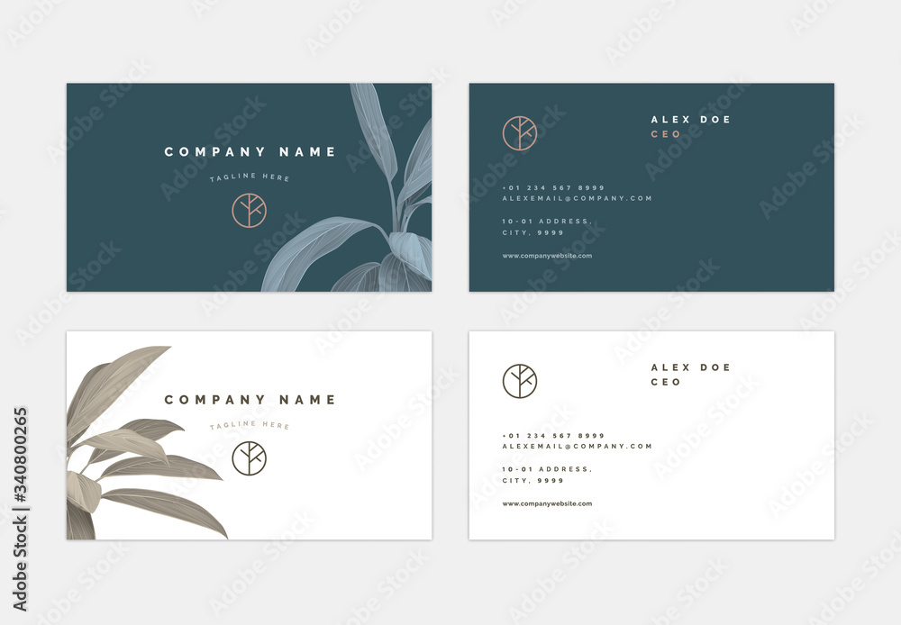 Fototapeta premium Business card template design collection, dark blue and white theme decorated with Cordyline fruticosa Firebrand plant