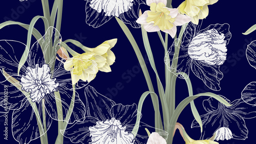 Floral seamless pattern, daffodil flowers with leaves on dark blue