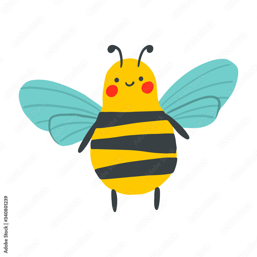 Cartoon happy wasp isolated on white background. Vector childish bee illustration. Cute flat insect perfect for textile, sticker, poster, card Cartoon happy wasp isolated on white background. Vector childish bee illustration. Cute flat insect perfect for textile, sticker, poster, card