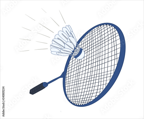 Hand drawn Badminton racket and shuttlecock. Vector illustration of equipments for playing badminton game sport.