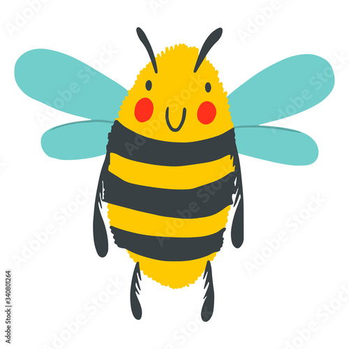 Cartoon happy wasp isolated on white background. Vector childish bee illustration. Cute flat insect perfect for textile, sticker, poster, card