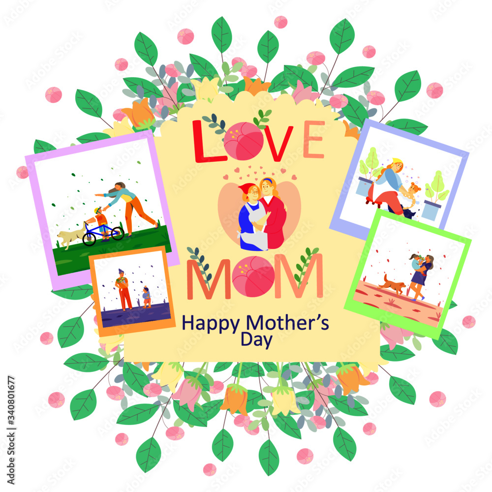 Love mom is happy Mothers Day. Vector template with flowers. Design element for card, poster, banner.